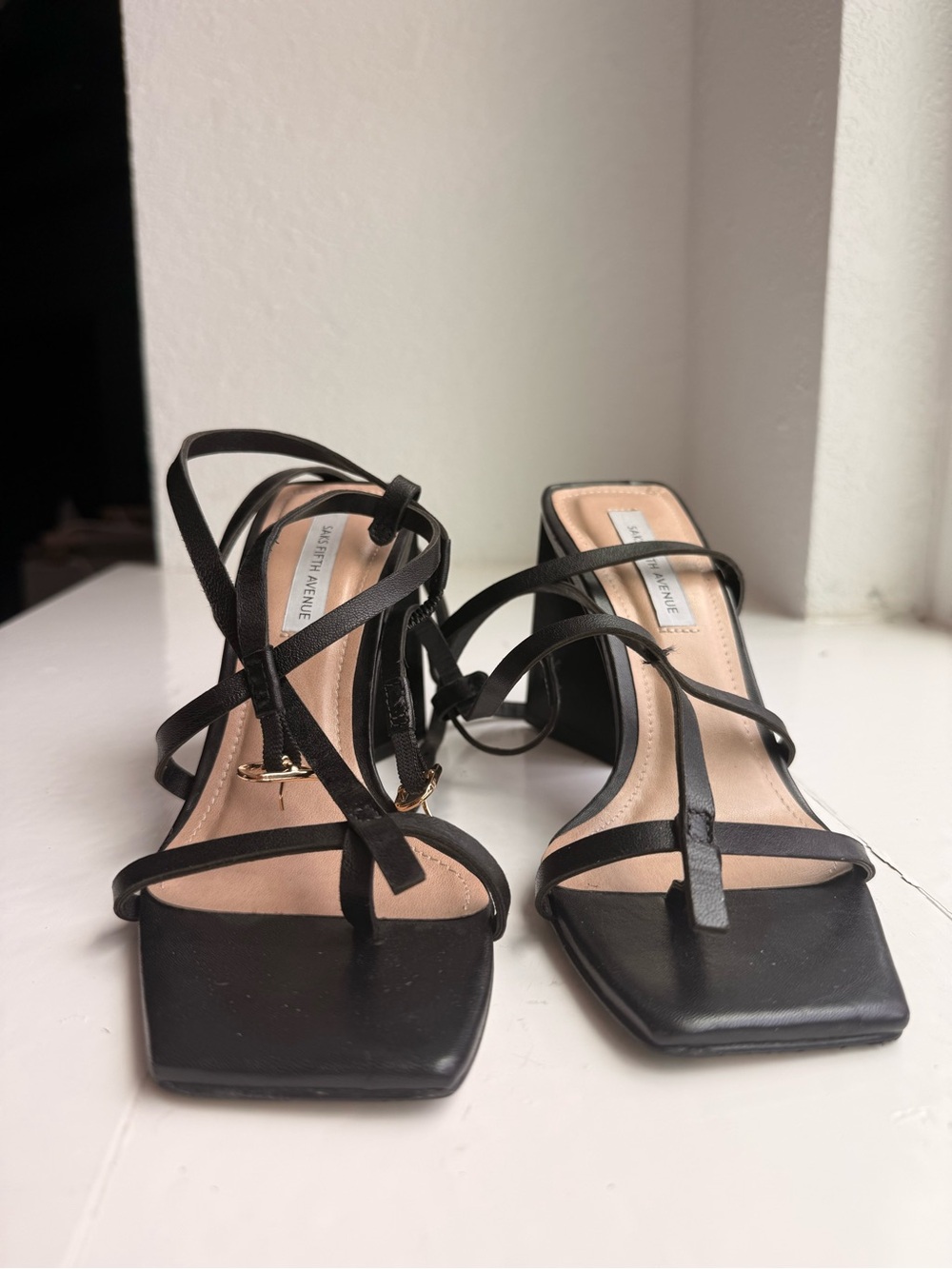 Saks Fifth Avenue Black Strappy Square-Toe Block Heel Sandals
